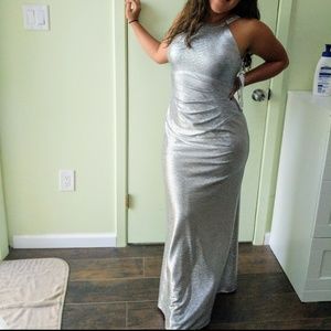 Silver mermaid glam wedding guest halter evening long night gown maxi dress